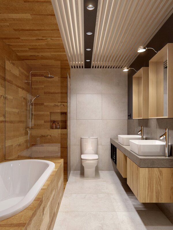 Slatted ceiling with a wood finish in the bathroom