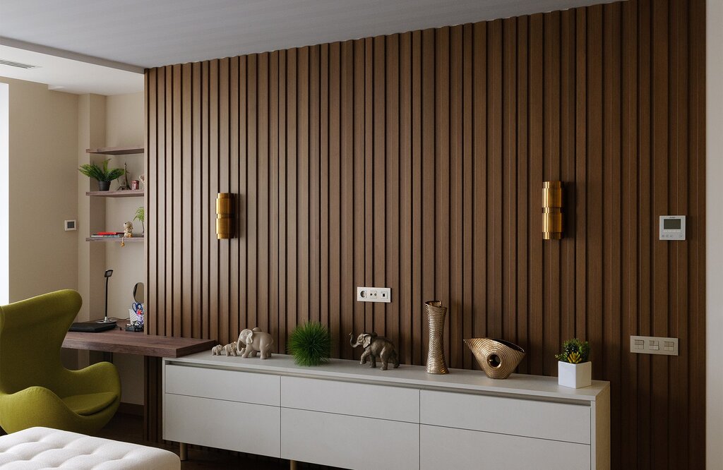 Slats on the wall in the kitchen interior