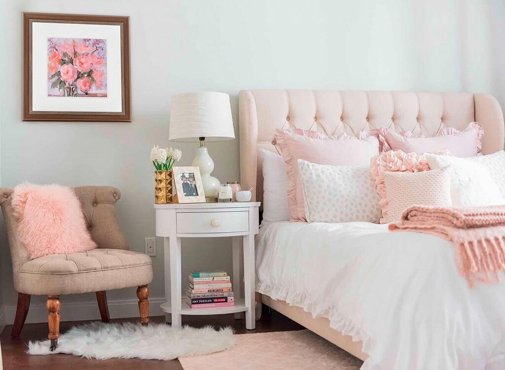 A pink bed in the interior