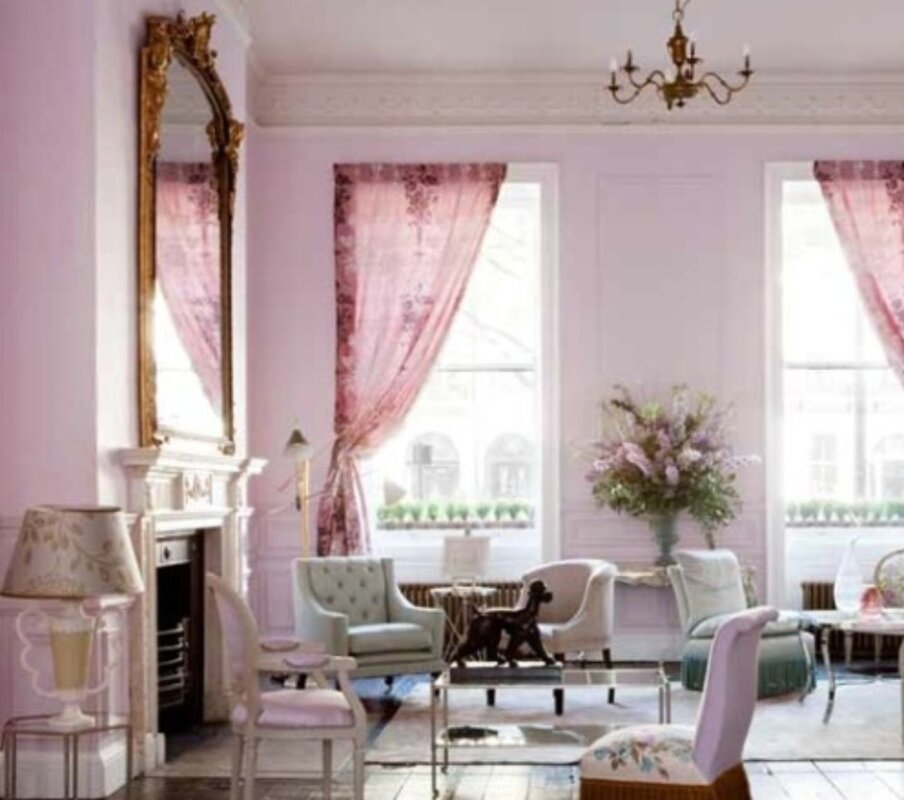 Pink curtains in the living room interior 11 фото