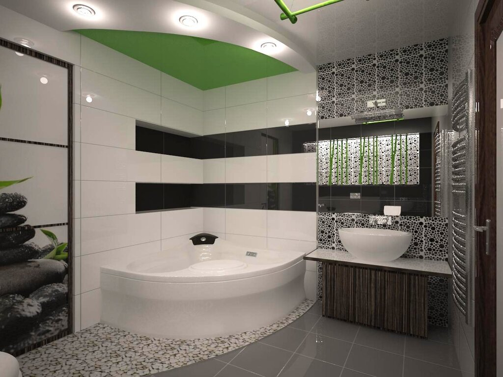 Bathroom with a corner bathtub