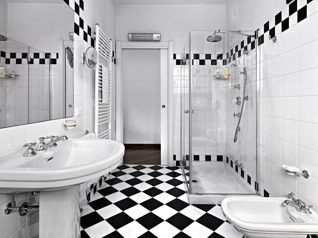 The bathroom in black and white tones