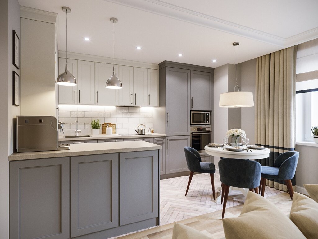 Gray kitchen, beige walls