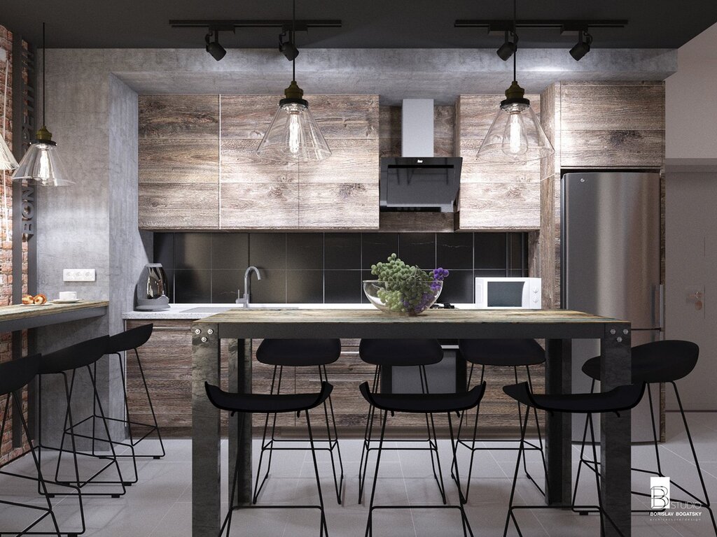 Gray loft kitchen in the interior