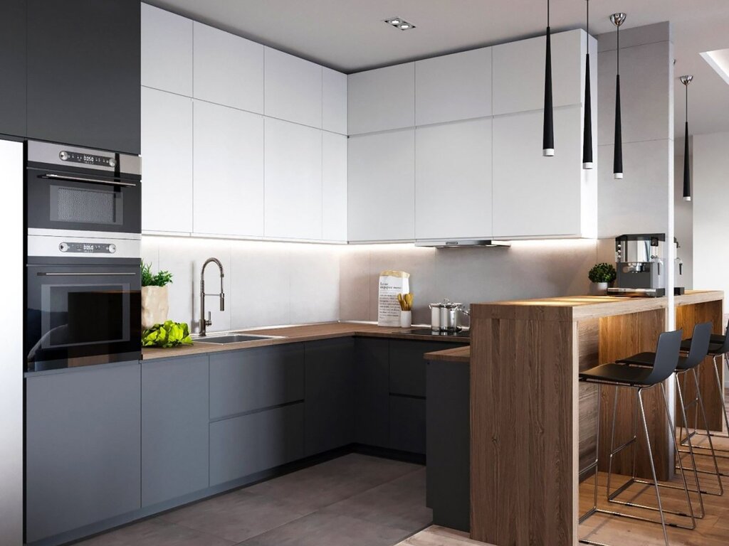 Gray kitchen with a bar counter