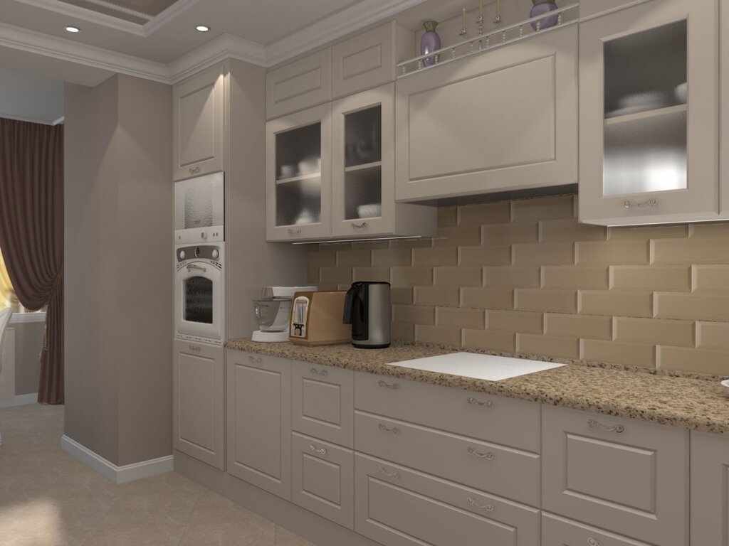 Gray kitchen with beige tiles 24 фото