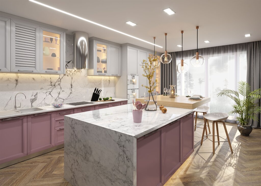 A gray kitchen with a marble countertop