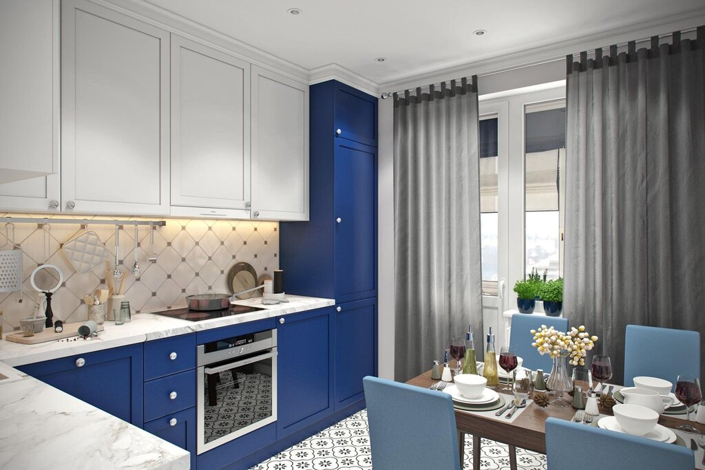 Gray kitchen with blue curtains