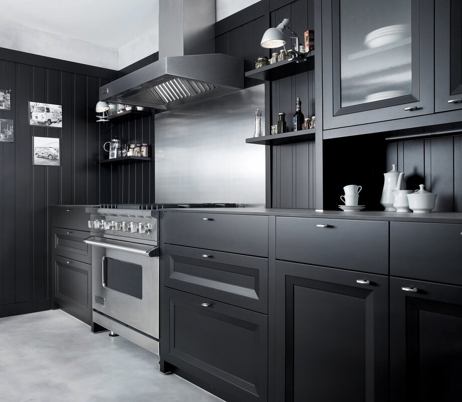 Gray kitchen with a dark countertop