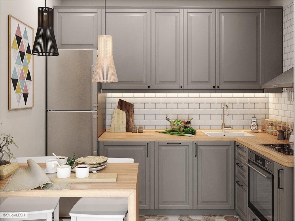 Gray kitchen with a wood-effect countertop