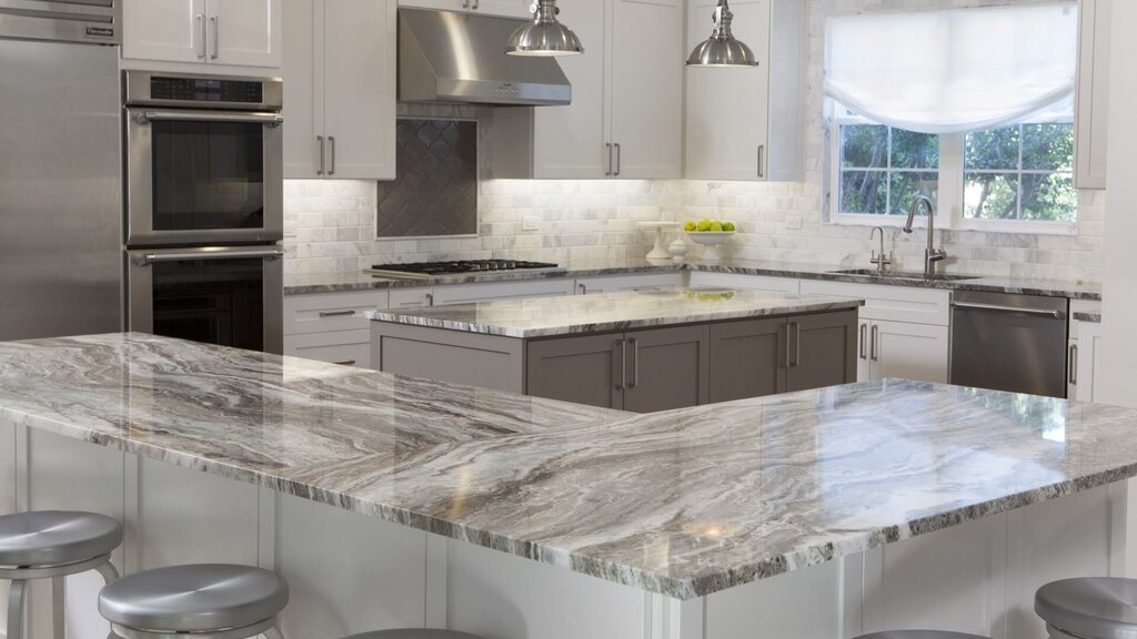 Gray kitchen with a marble-look countertop