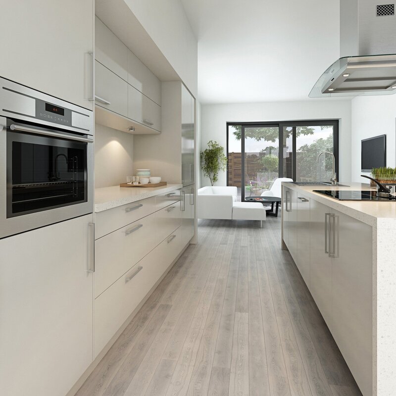 Gray kitchen, light floor