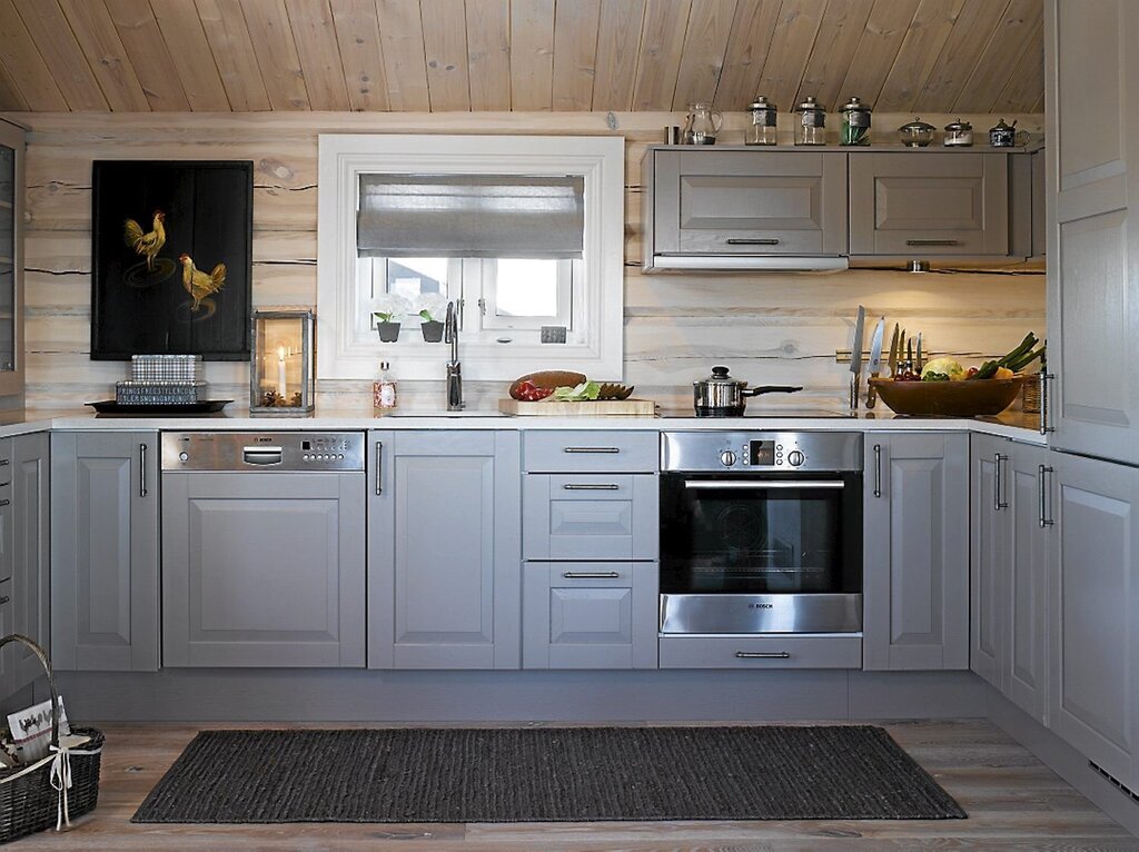 Gray kitchen in a wooden house