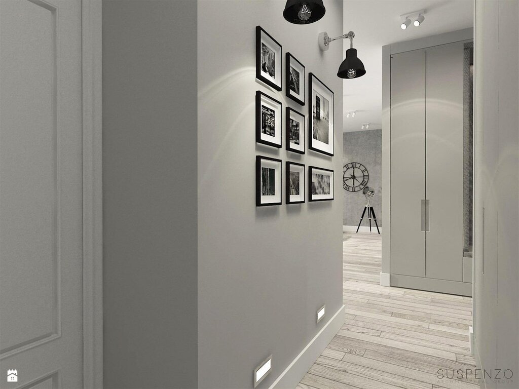 Gray hallway with white furniture