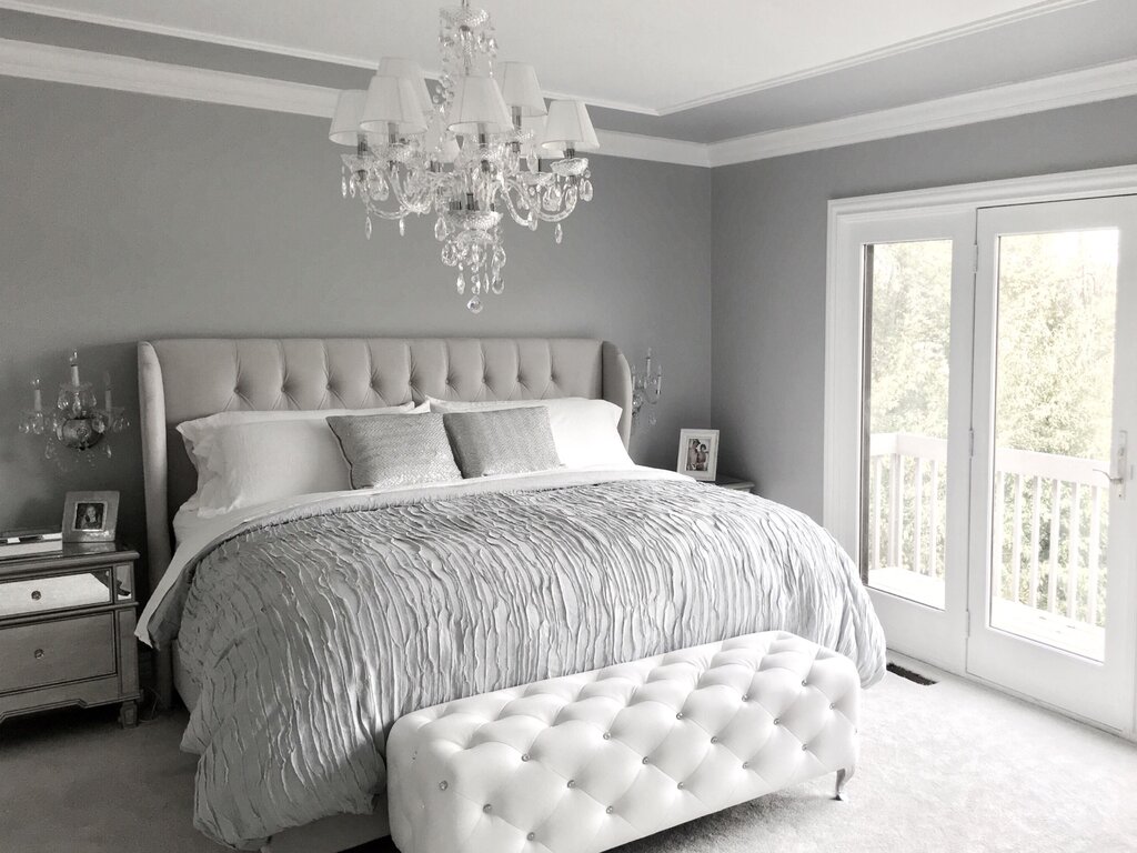 Gray bedroom with white furniture