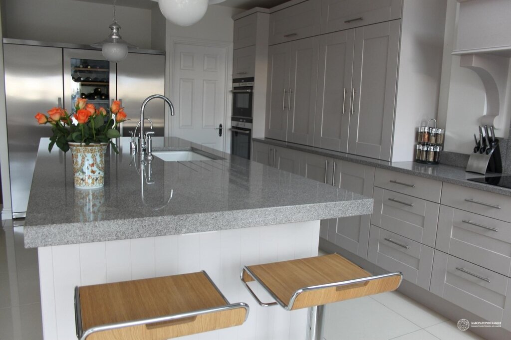 Gray countertop in the kitchen interior