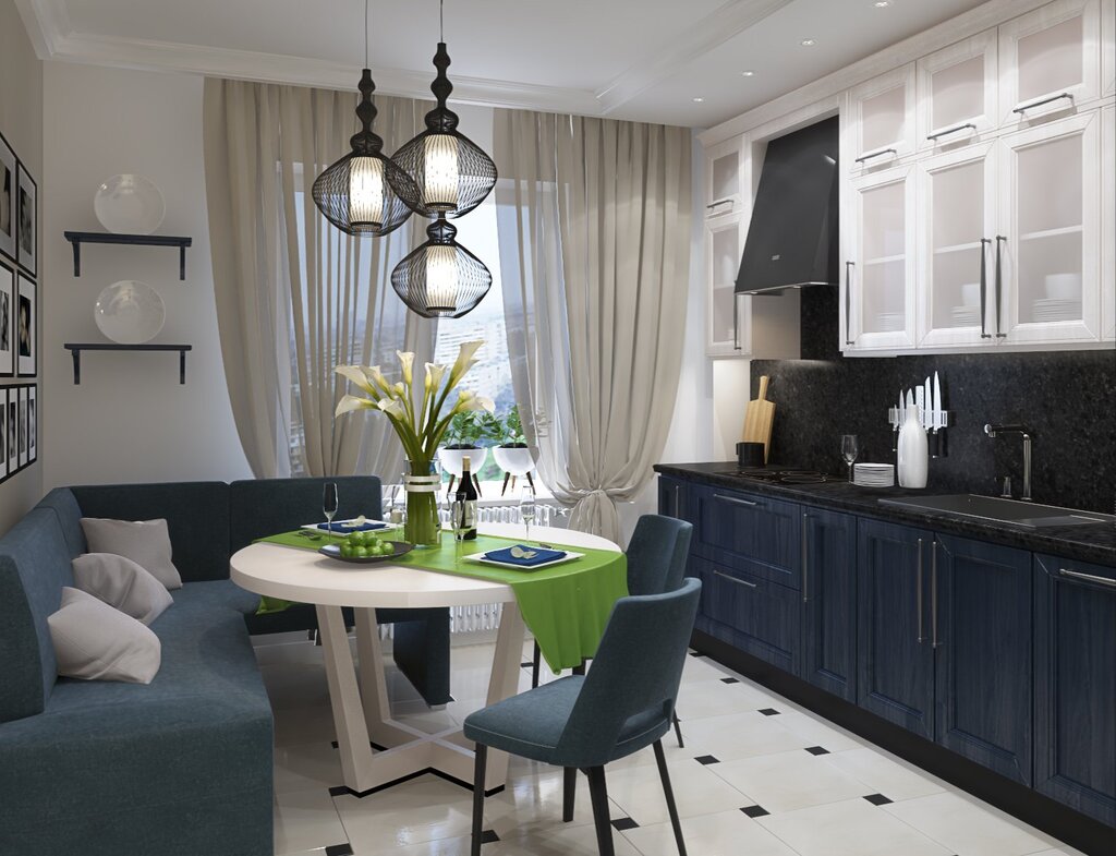 Gray curtains in the kitchen interior