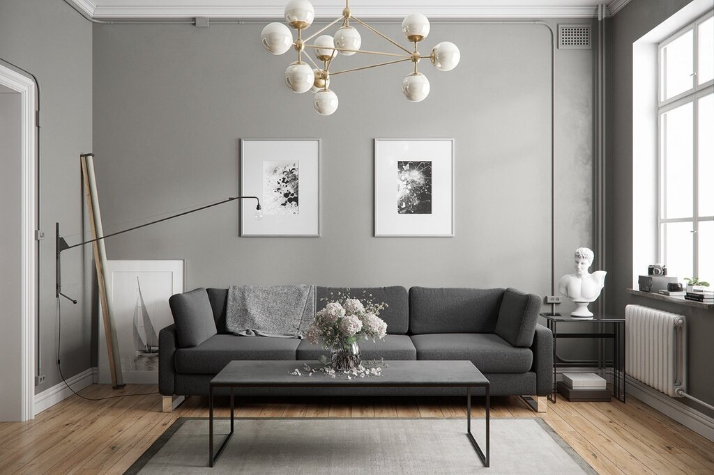 Gray walls in the living room interior