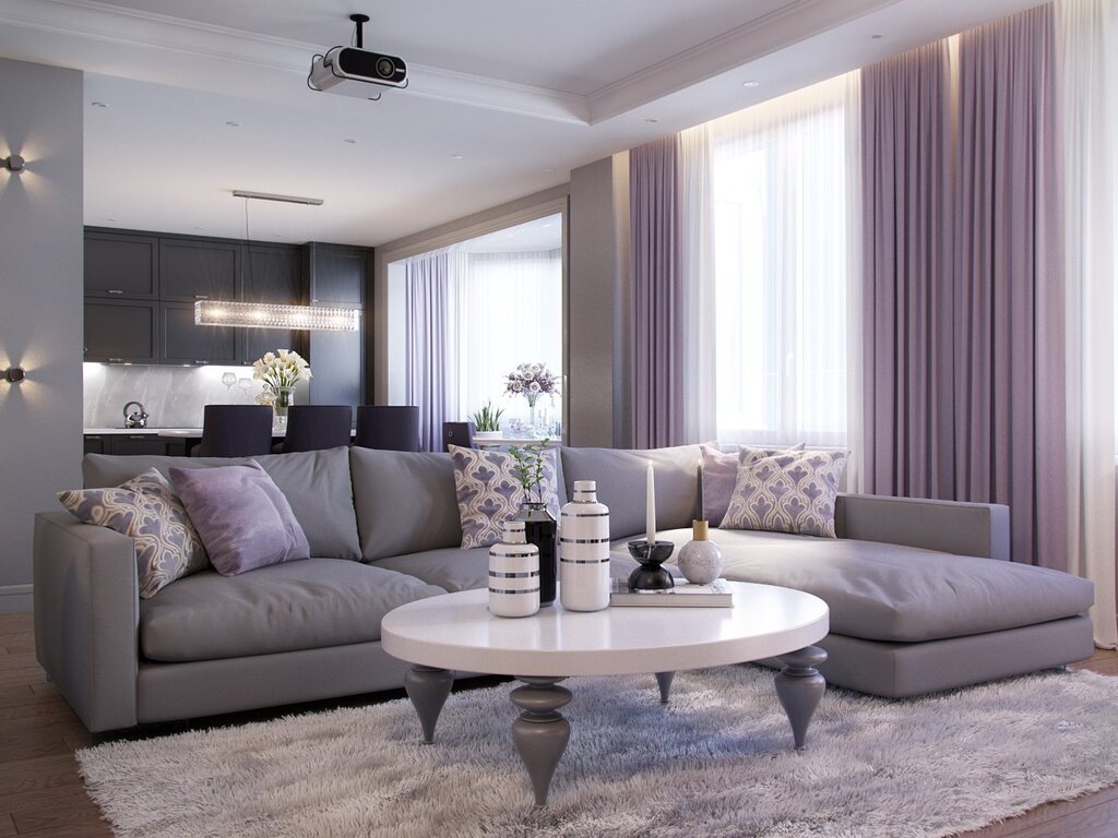 A gray sofa in the living room interior