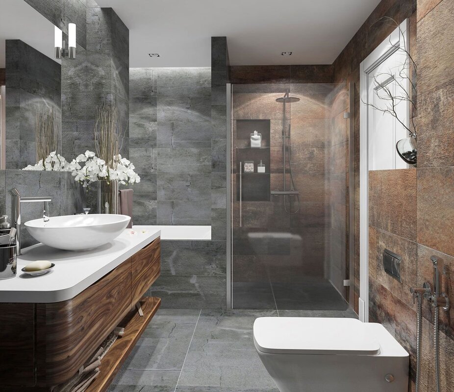 Gray and wood in bathroom interior