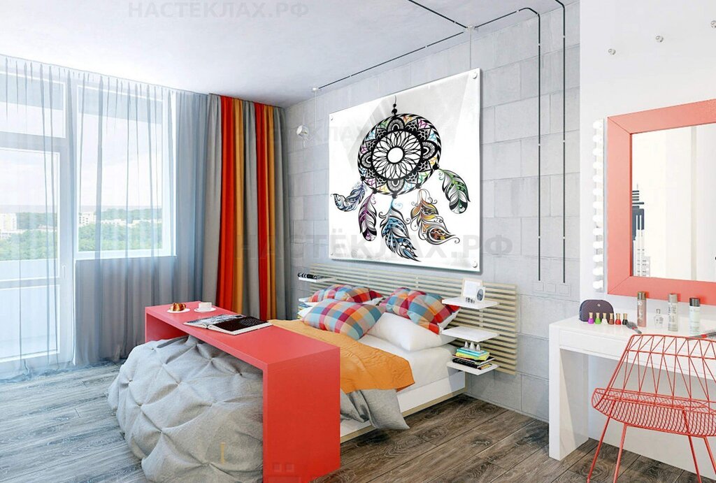 A gray interior with bright accents