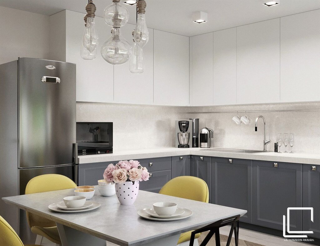 A gray kitchen set in the interior