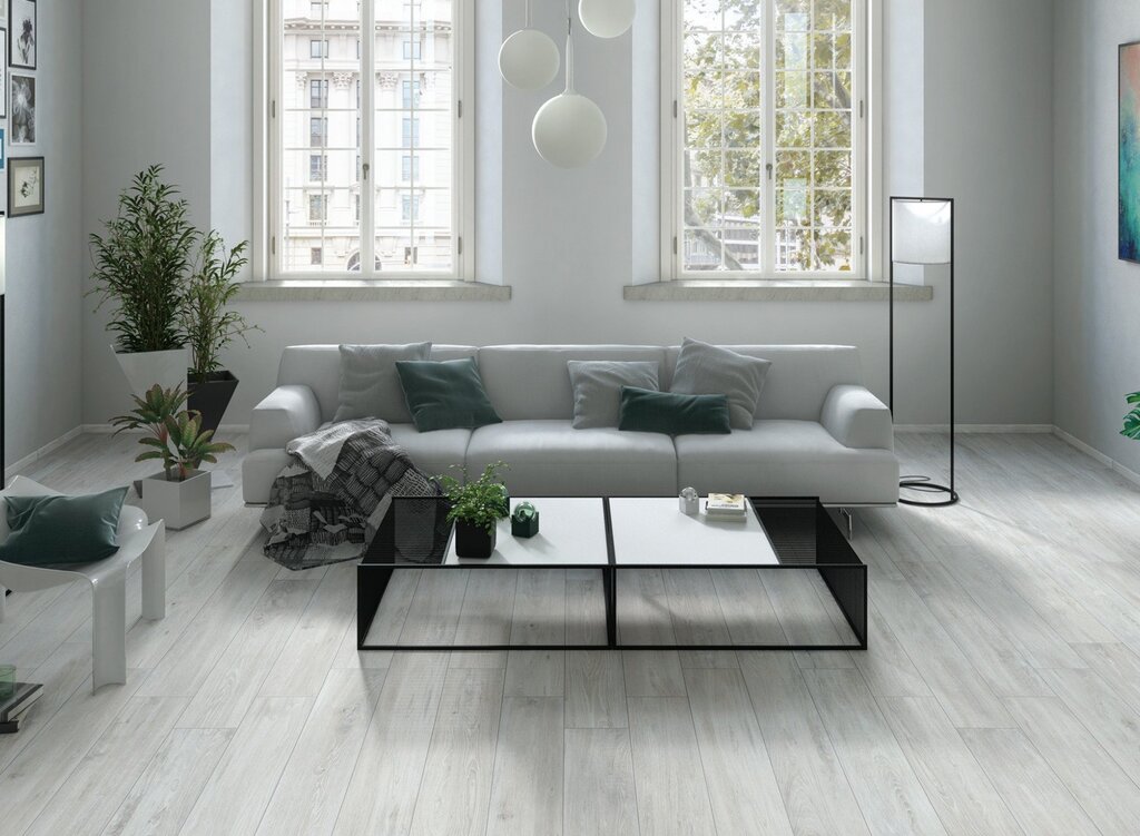 Gray floor in the living room interior