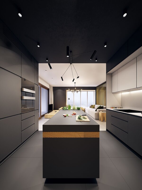 Gray ceiling in the kitchen