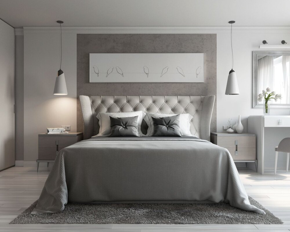 Gray color in the bedroom interior 24 фото