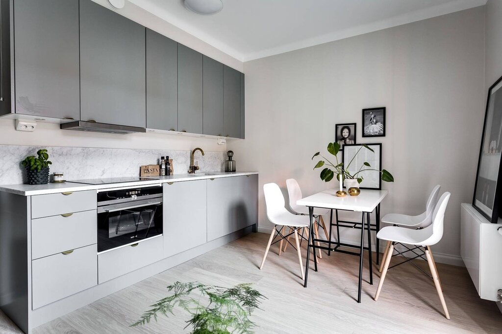 Gray and white kitchen in the interior