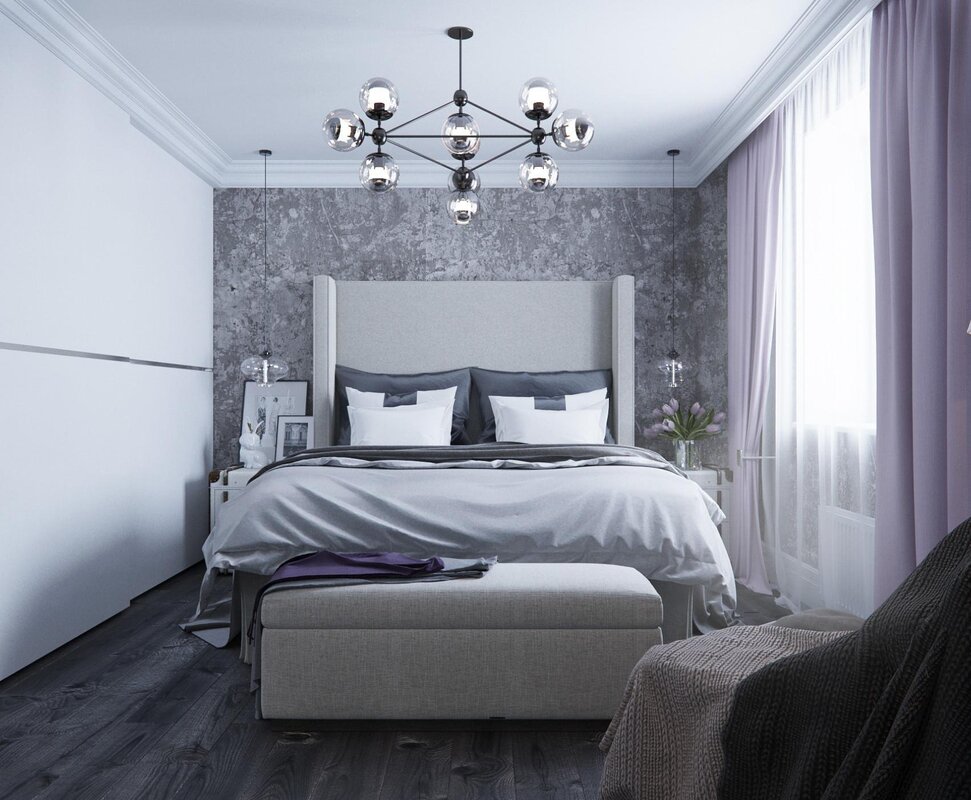 Gray and white bedroom interior