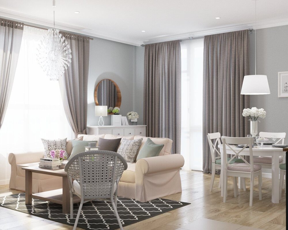 Gray-beige curtains in the living room