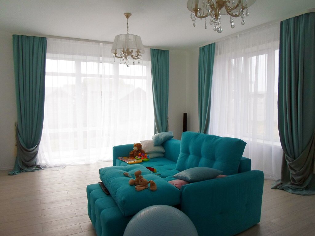 Gray-turquoise curtains for the living room