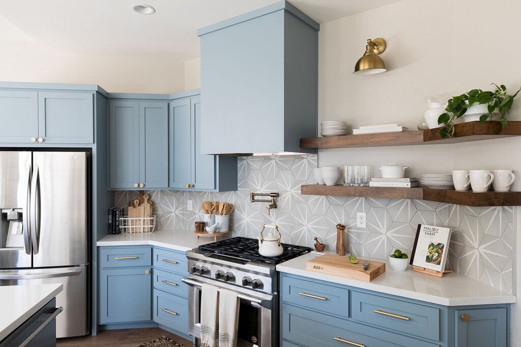 Gray-blue kitchen with a wooden countertop