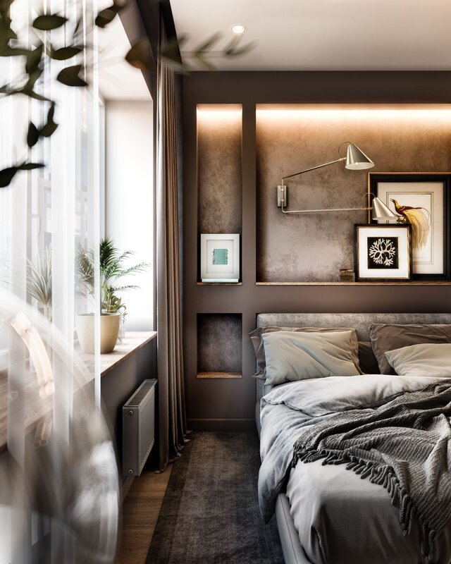 Gray-brown bedroom interior