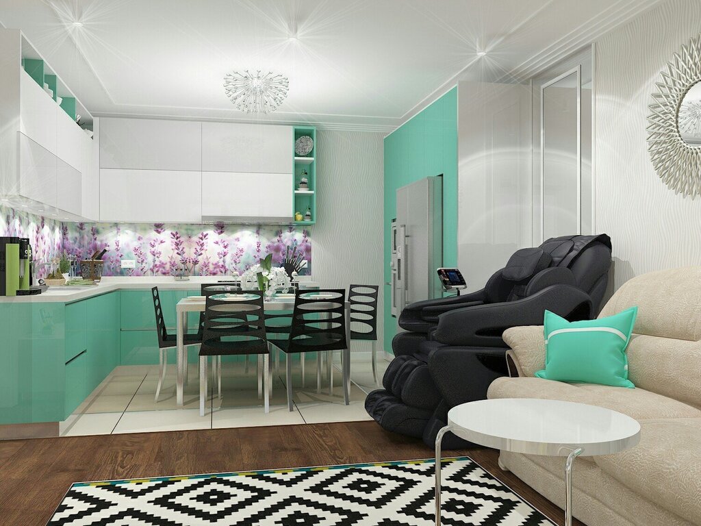 Gray-green kitchen-living room