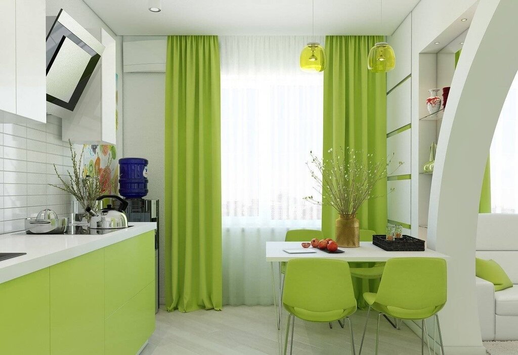 Gray-green curtains for the kitchen