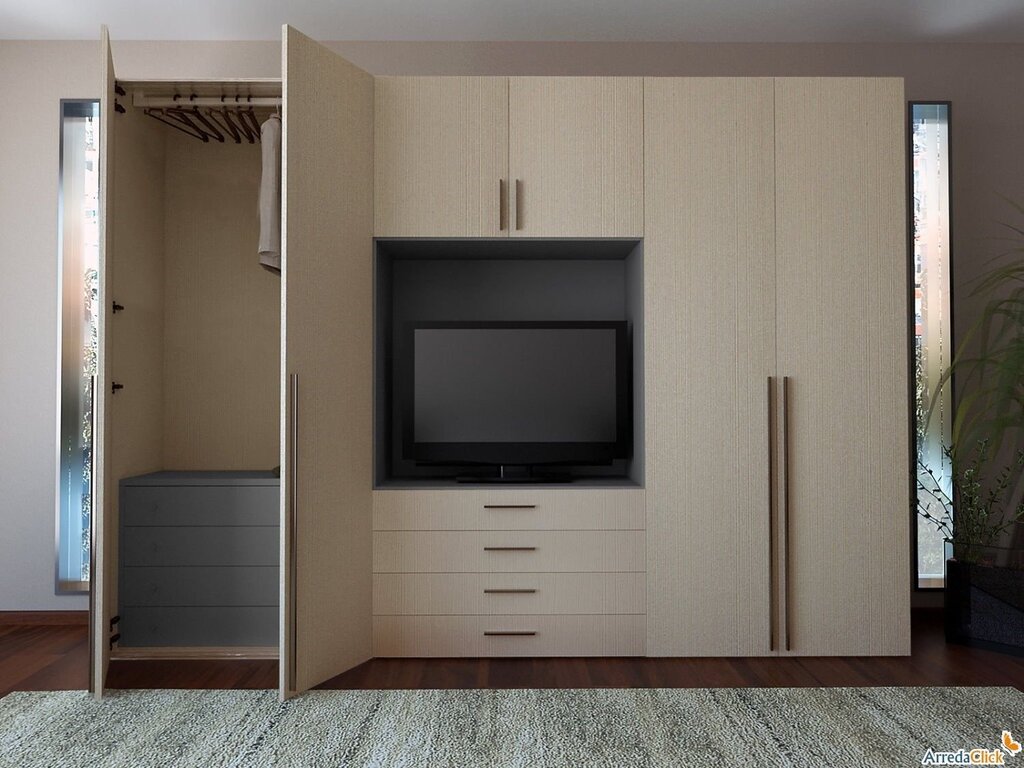 Sliding wardrobe with a niche for a TV