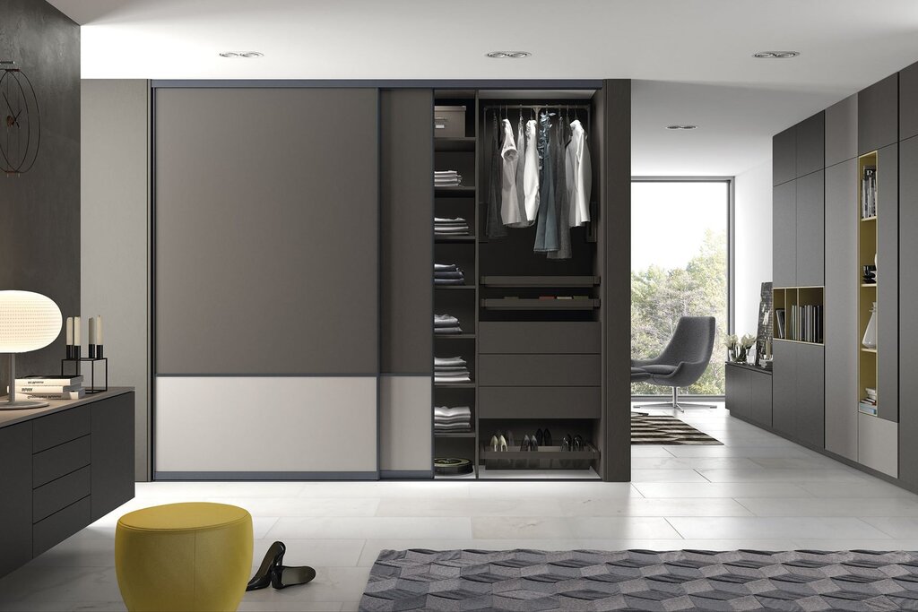 Gray wardrobe with sliding doors