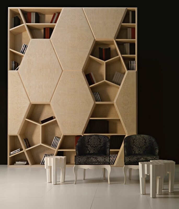 A cabinet in the shape of honeycombs