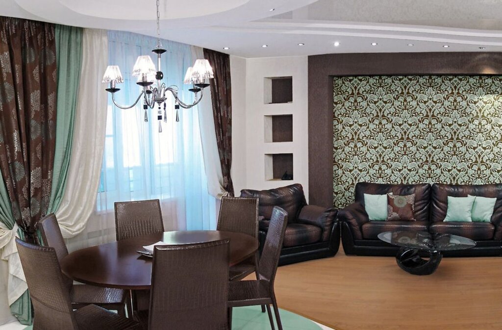 Chocolate curtains in the living room interior