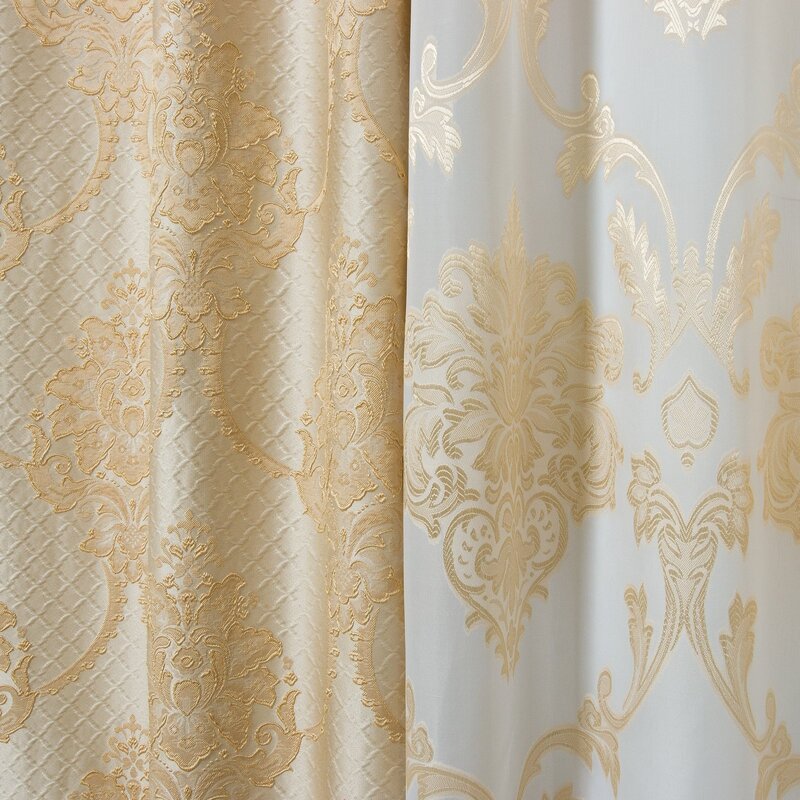 The curtains are white with gold