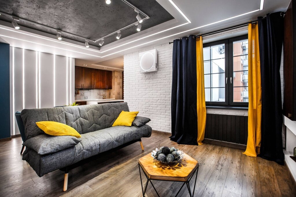 Loft curtains in the living room interior