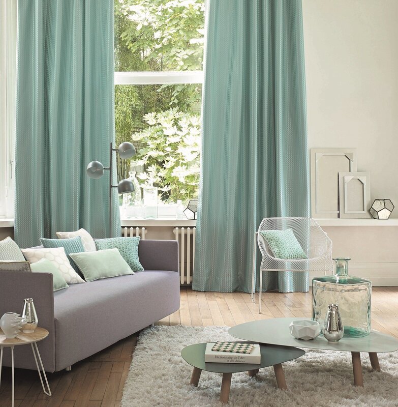 Mint-colored curtains in the interior