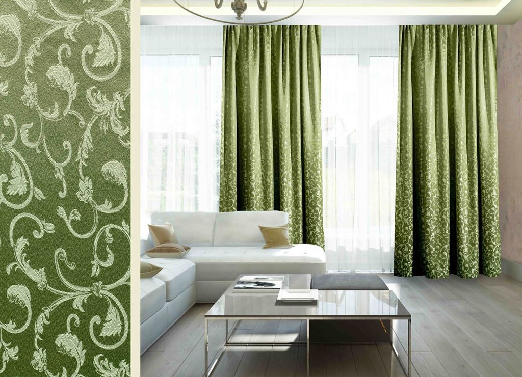 Olive-colored curtains in the interior