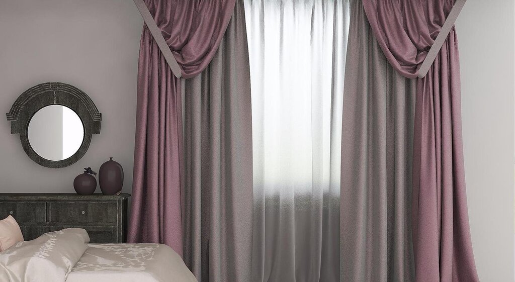 The curtains are gray with pink