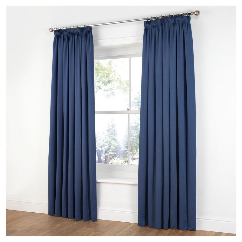 The curtains are blue with gray