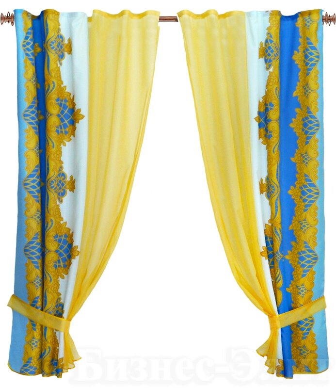 The curtains are blue with yellow