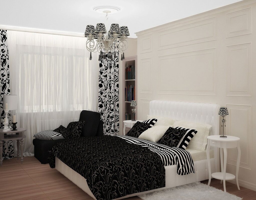 Curtains in a black and white interior