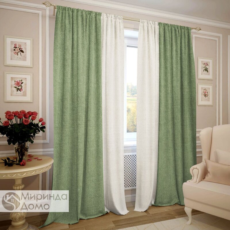 The curtains are green with gold